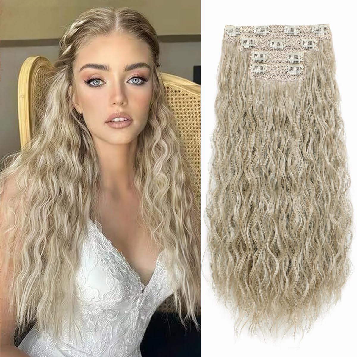 VEGALILY Upgrade 4PCS Hair Extensions Clip in 20inch Pearl Blonde Hair extensions Long Curly Clip in hair Extension Natural Hairpieces for Women