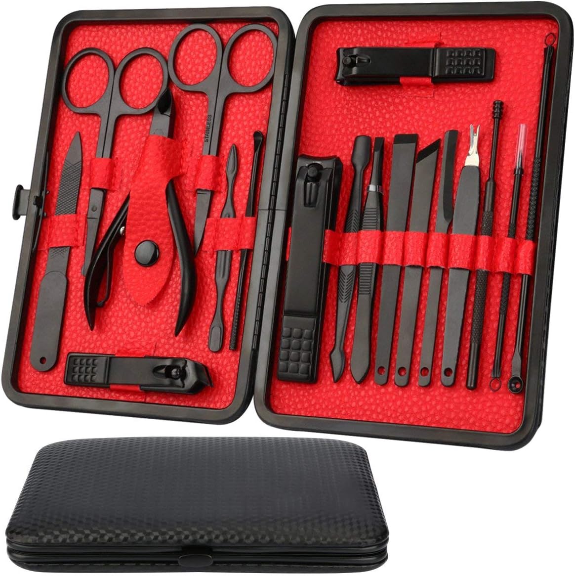 Manicure Set, SOONPAM Pedicure Kit 18 in 1 Nail Clippers Stainless Steel Professional Grooming Kit Fingernails Toenails Cutter File Nail Scissors Nail Tools with Travel Case