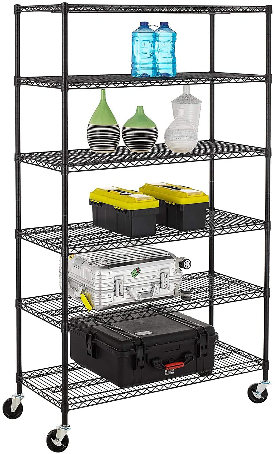 FDW 48" L×18" W×76" H Wire Shelving Unit Metal Shelf with 6 Tier Casters Adjustable Layer Rack Strong Steel for Restaurant Garage Pantry Kitchen Garage,Black Image