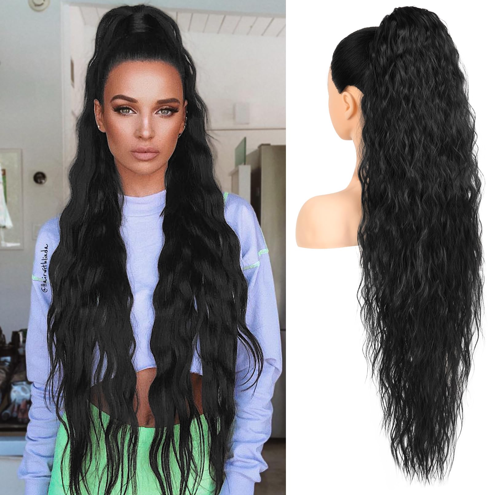 ManeMarvel Ponytail Extension, 34 Inch Extra Long Drawstring Ponytail Hair Extension Flurry Wavy Ponytails Soft Upgraded Synthetic Fiber Fake Ponytail Hairpiece for Women - Black