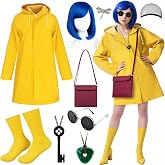 Humairc Mystical Adventure Costume Set for Women & Teens, Blue Wig, Yellow Raincoat & Socks, Crossbody Bag, Button Glasses, Key Necklace– Perfect for Halloween, Cosplay Themed Parties