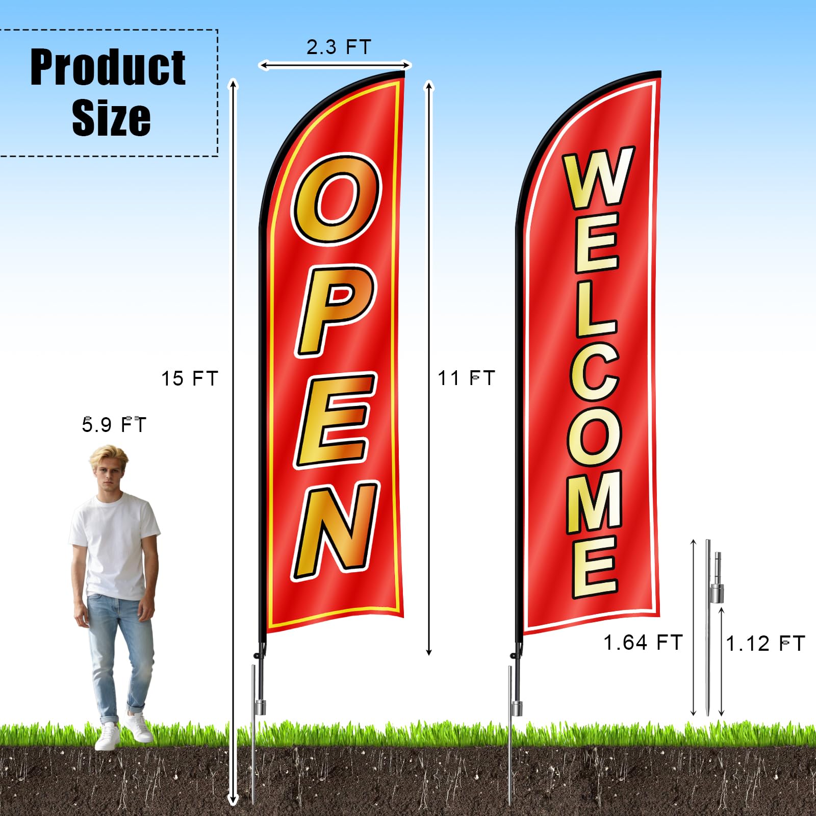 Condition photo showing New/Like New for kerty 15ft open feather flag pole kit, 4 pack advertising feather sign with poles and ground spikes,