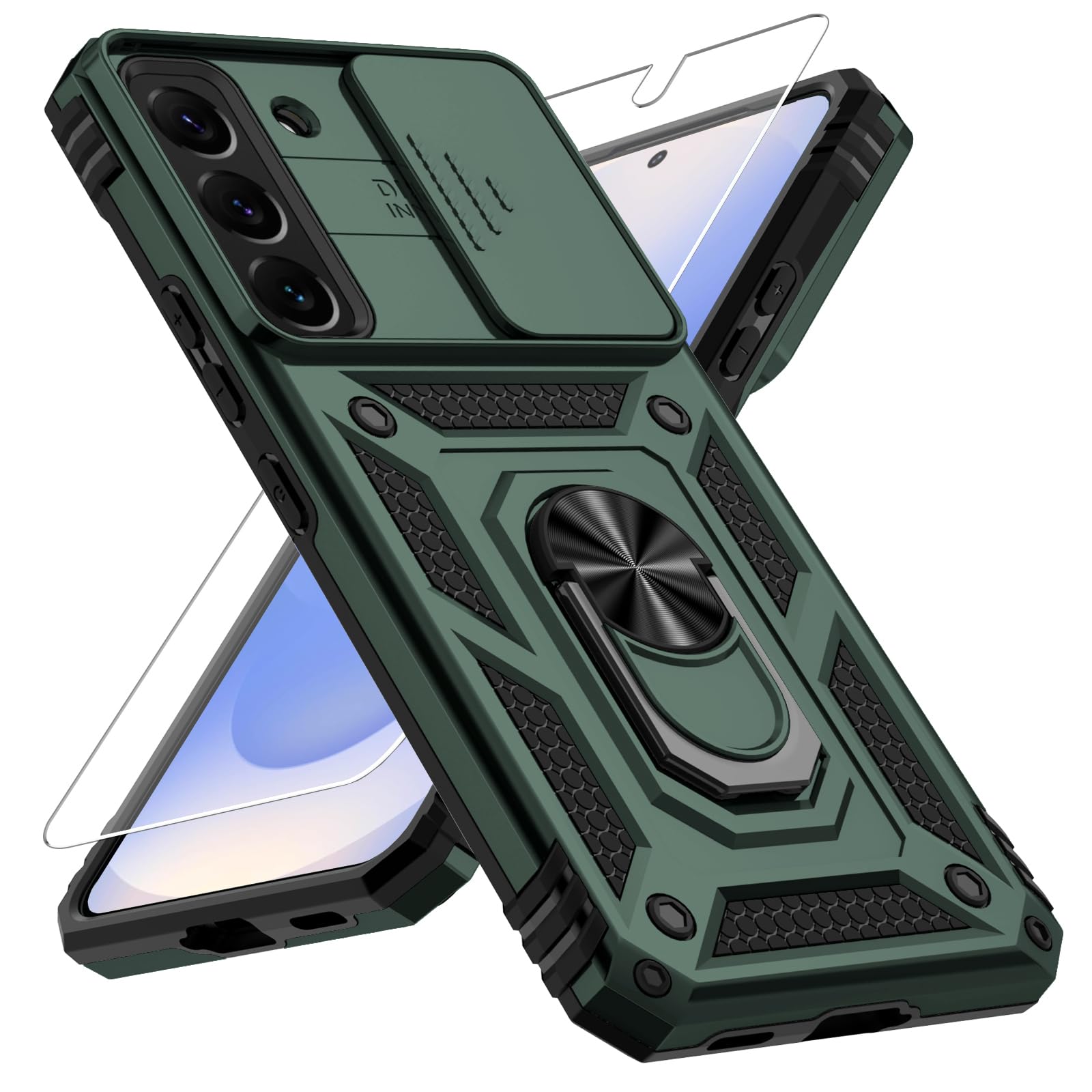 Weycolor for Samsung Galaxy S22 Case with Camera Lens Cover, HD Screen Protector, 10 FT Military Grade Drop Protection, Magnetic Ring Holder Kickstand Protective Phone Case, Pine Green