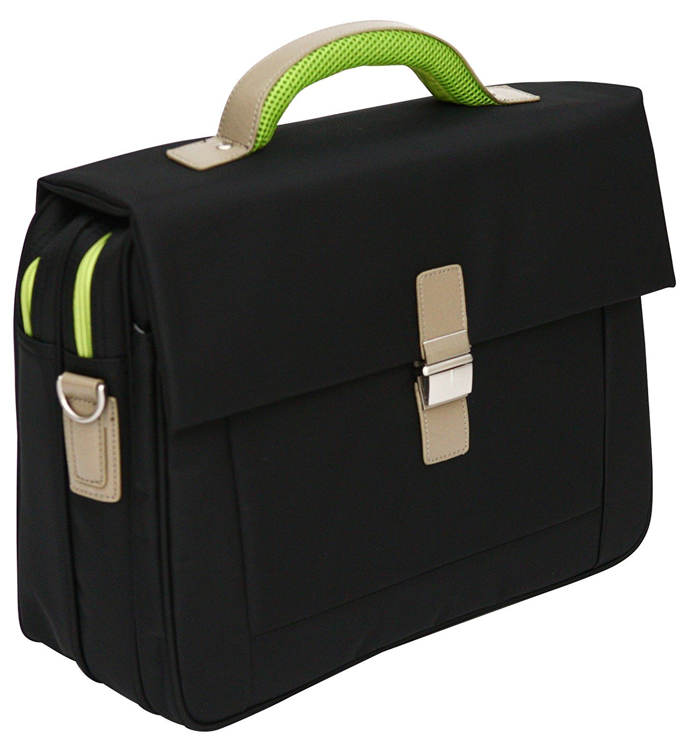 Tassia Laptop Briefcase - Flapover Opening with Adjustable Shoulder Strap - Green Trim