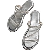 GORGLITTER Women's Rhinestone Sparkly Metallic Strappy Flat Sandals Cute Toe Slip on Slide Sandals