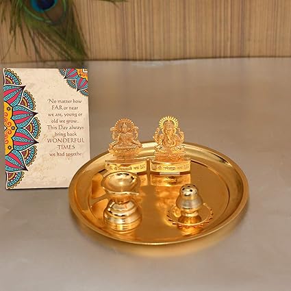 Pooja Thali Gift Combo - Gold Plated Laxmi Ganesh Pooja thali Set with Greeting Card Him Birthday