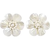AeraVida Pretty White Mother of Pearl Flower Clip On Earrings for Women | Handmade Mother of Pearl Shell, Cultured Freshwater Pearl Earrings | 40 mm Width
