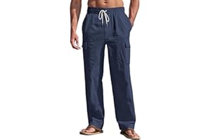 TAFLE Men's Linen Pants Casual Cargo Pants with Pockets Lightweight Elastic Waist Drawstring Pants Baggy Beach Pants
