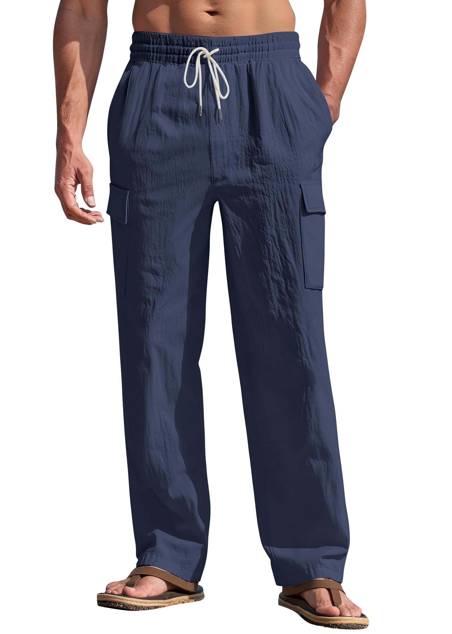 Photo 1 of TAFLE Mens Linen Pants Casual Summer Beach Pants Lightweight Elastic Waist Drawstring Yoga Trousers Vacation Cargo Pants with Pockets Navy