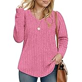 Plus-Size-V-Neck-Womens-Tops Dressy Long Sleeve T Shirts Trendy Lightweight Knit Sweaters Casual Loose Pullover Tunic