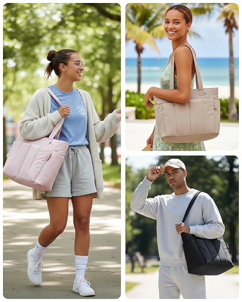 HOMEMEDIARY TOTE BAG FOR WOMEN, PUFFER QUILTED LIGHTWEIGHT SHOULDER BAG, PUFFY TRAVEL WORK GYM HANDBAG WITH WET DRY POCKET