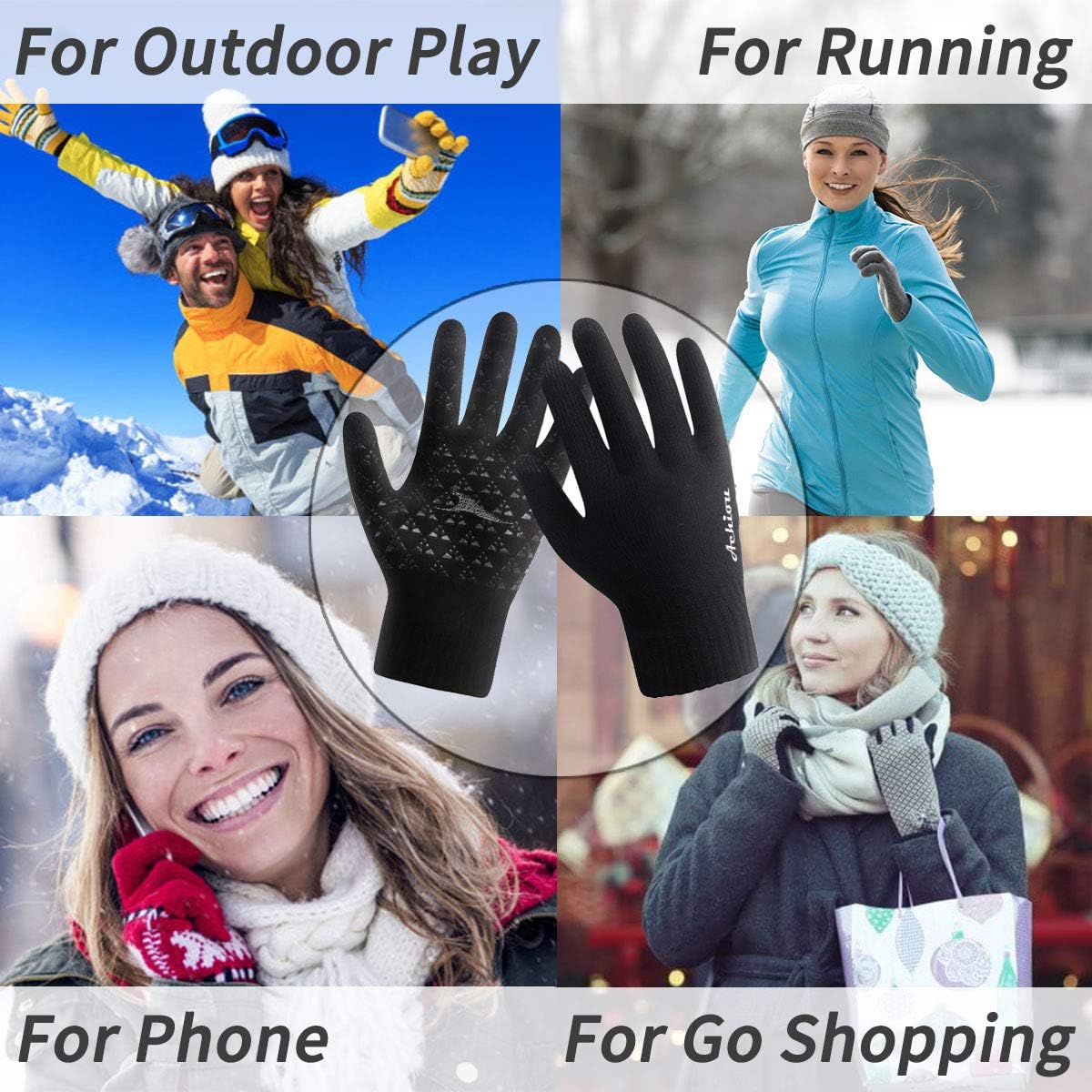 Achiou Winter Knit Gloves Touchscreen Warm Thermal Soft Lining Elastic Cuff Texting Anti-Slip 3 Size Choice for Women Men: Clothing