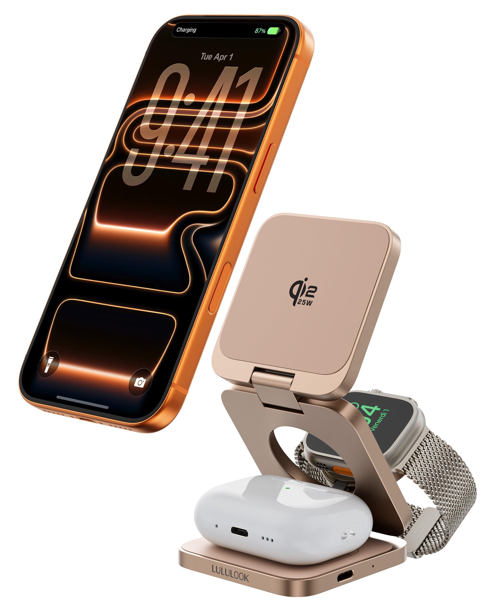LULULOOK 3 in 1 Charging Station - Qi2.2 25W Wireless Charger Magnetic for iPhone 17/16/15/14/13/12, Apple Watch, AirPods, Fast Charge Stand with 45W GaN Adapter, Foldable Aluminum Alloy