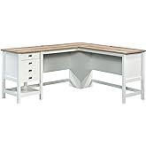 Sauder Cottage Road L Shaped Desk Computer Desk with Drawers, Home Office Desk with Optional File Cabinet Storage, Cable Management, in Soft White Finish