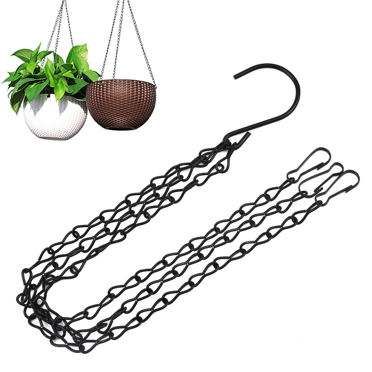 Fangehong 3 Pack Hanging Chain with Hooks, Flower Pot Chains for Hanging Plants, Metal Hanging Basket Replacement Chain with 3 Point for Bird Feeders Planters (Black)