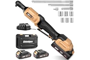 SHIELDPRO 20V Electric Ratchet Wrench Set, 3/8" Cordless Ratchet Kit 400RPM, Torque Ratchets, LED Light, 2 Batteries, Fast Charger, Sockets, Adapters, Extension Bars (Yellow)