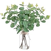 Artificial Eucalyptus Stems in Glass Vase with Faux Water,Artificial Plants Eucalyptus Leaves for Shelf Desk Bathroom Farmhouse Room Coffee Table Home Decor, Central Decoration.