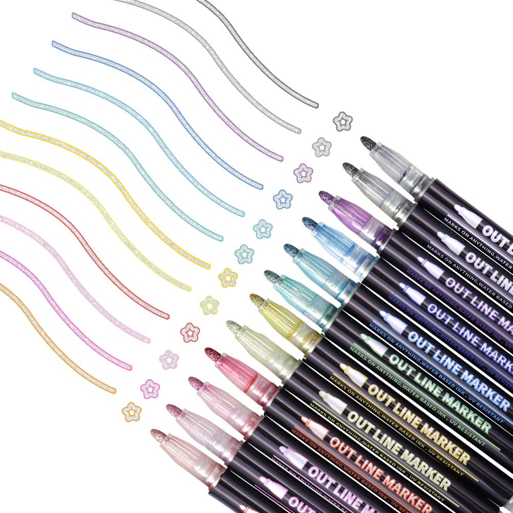 Zhongtou Permanent Marker Pens 12 Glitter Pens Waterproof Double Line Fluorescent Pen for Rock Painting, Ceramic, Porcelain, Glass, Stones, Pebbles, Fabric, Canvas,Wood & DIY Mug Design