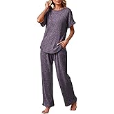 Famulily Womens 2 Piece Ribbed Knit Set Short Sleeve Top and Wide Leg Pants with Pockets Matching Lounge Set
