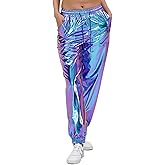 Womens Drawstring Cargo High Waist Jogger Pants Sexy Metallic Sparkly Wide Leg Pants Trousers Clubwear