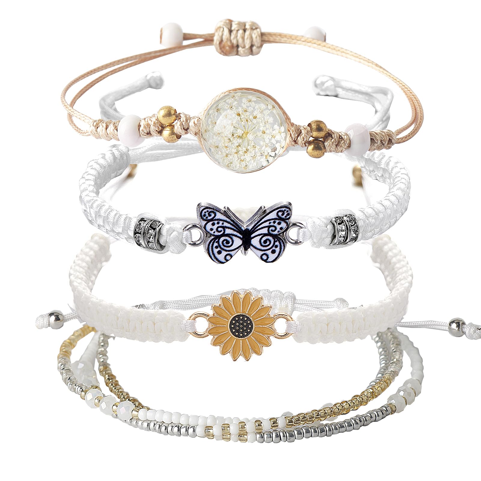 DS 4PCS String beads Charm Bracelets for Teen Girls Dainty cute cartoon Butterfly Daisy Eternal flower Beads Bracelets set for woman and girls Adjustable Stretch bracelet birthday Gift For Friends