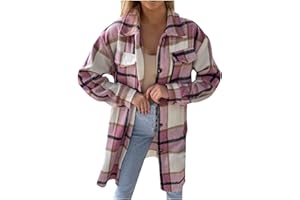LEHOZIHEQ Plaid Shirts for Women Flannel Shacket Jacket Long Sleeve Lapel Button Down Shirts Coats Blouse Tops with Pocket