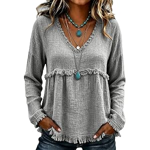 Shirts for Women Dressy Casual Frayed Shirts V Neck Vintage Long Sleeve Gauze Blouses Raw Hem Beach Vacation Outfits