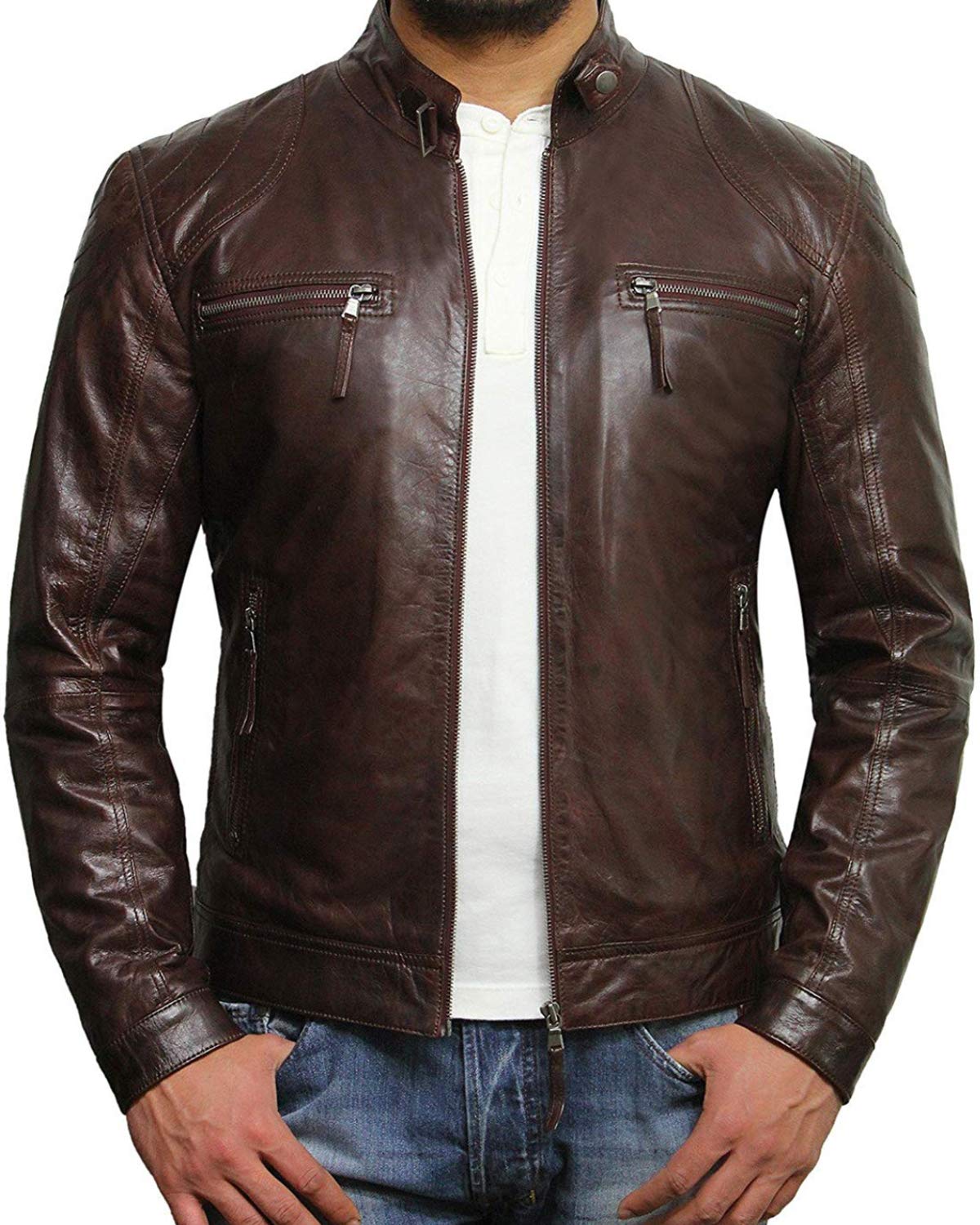 Black Leather Jacket Mens Cafe Racer Real Lambskin Leather