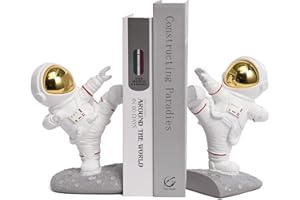 Kakizzy Book Ends for Shelves Decorative, Upgraded Astronaut Bookshelf Stopper Resin Book Shelf End Holders Heavy Duty Bookends for Kids Gifts Cute Spaceman Book Ends for Space Decor(F2-Gold)