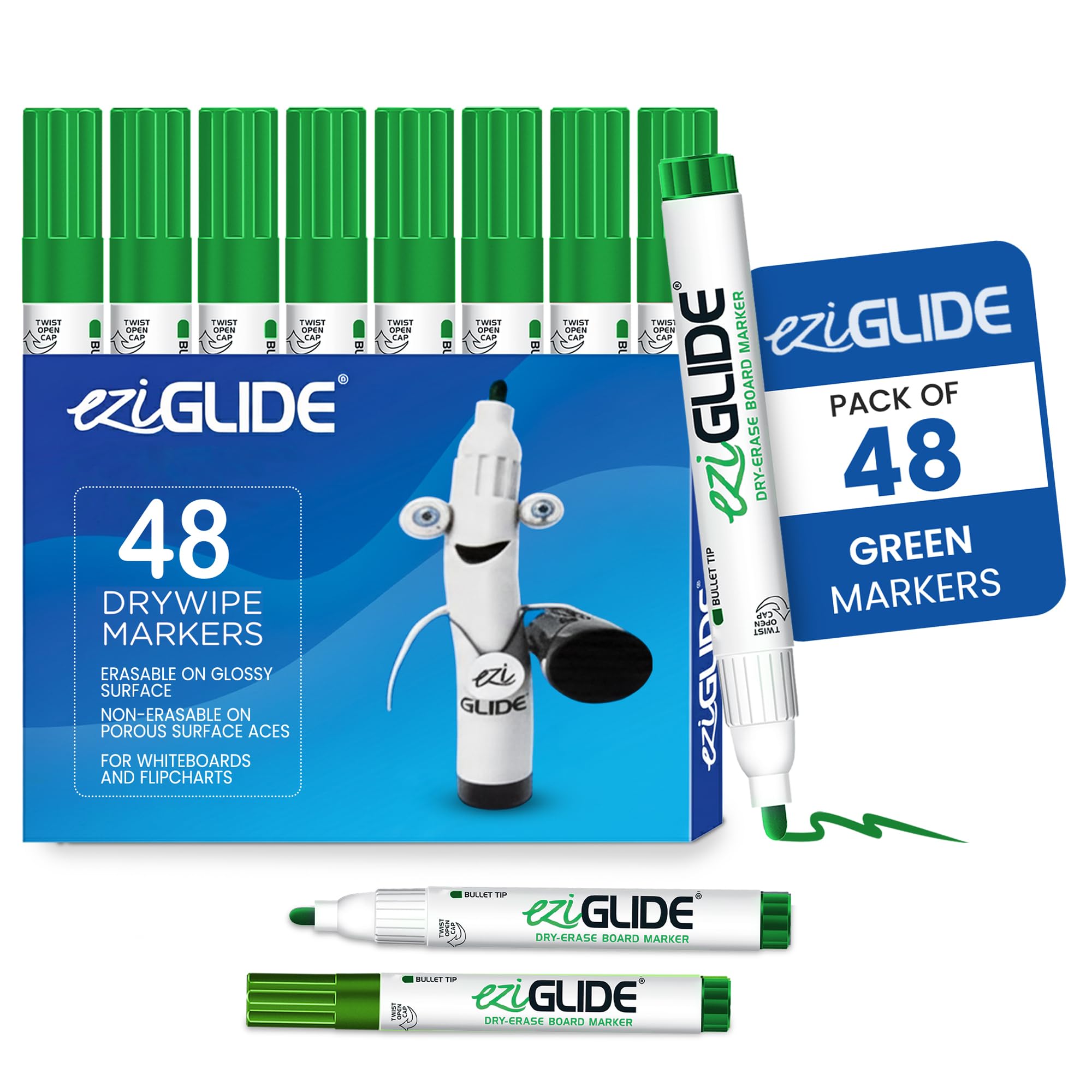Eziglide Green Bullet Tip Drywipe Whiteboard Pens, Bulk Pack of 48 Green Markers, No Residue Ink, Hard-wearing Fibre Bullet Tip Dry Wipe Pen, Ideal for School, Home and Work