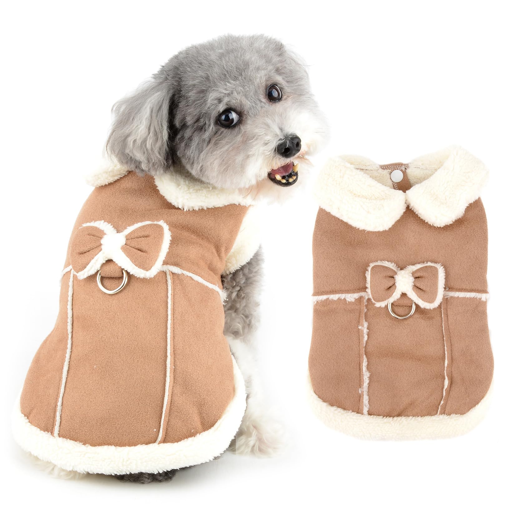 Ranphy Faux Suede Small Dog Coat, Cold Weather Warm Puppy Jacket with Bowknot and D-ring Fuzzy Collar Girls Winter Clothes Fleece Lined Pet Vest Chihuahua Yorkie Cat Apparel,Khaki,S
