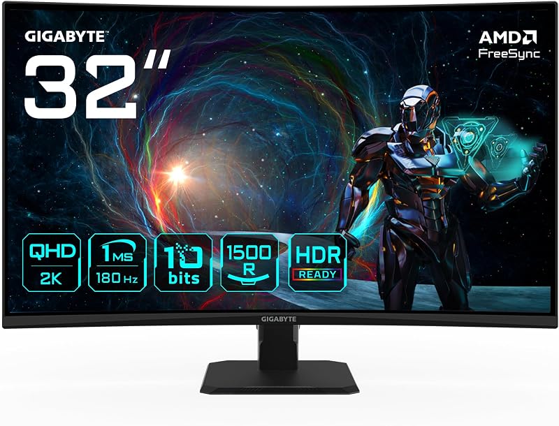 GS32QCA 31,5" Monitor Gaming Curvo QHD - 2560 x 1440, 180Hz, 1ms, 250 cd/m², FreeSync, HDR Ready, HDMI 2.0, Displayport 1.4