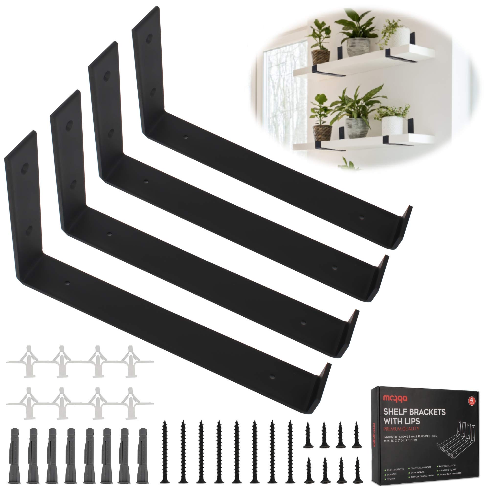 Moqqa 4 Pack Shelf Brackets 12 Inch Black Metal Floating Shelves with