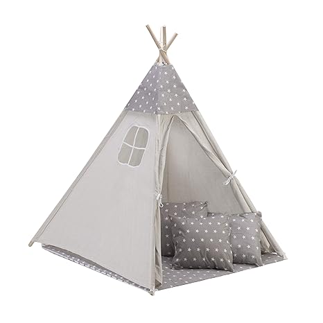 Amazinggirl Tipi Spielzelt für Kinder Zelt Stoffzelt Kinderzelt mit Fenster Holzstangen Indianerzelt Spielhaus (Komplett Grau