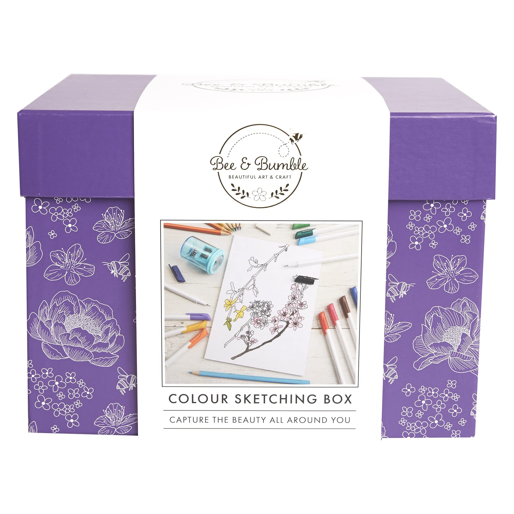 Bee & Bumble Colour Sketching Box Stationery Set, 12 Coloured Pencils, 12 Fineliner Pens, A5 Sketch Pad For Drawing, Sketching, And Colouring, Professional Artists, Perfect Craft Activity Or Presents