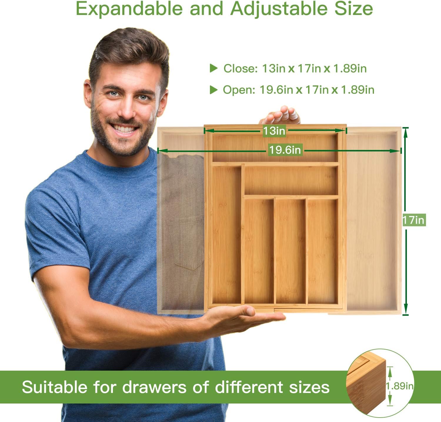 Bamboo Expandable Drawer Organizer for Utensils Holder, Adjustable Cutlery Tray, Wood Drawer Dividers Organizer for Silverware, Flatware, Knives in Kitchen, Bedroom, Living Room by Pipishell -