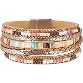 QIUTIMIY Leather Bracelets for Women Trendy Boho Cuff Bracelet Layered Bangle with Clasp Hand Wrist Jewelry Western