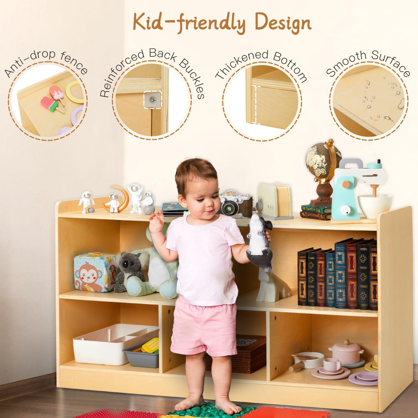 PTINFLUCE Montessori Shelf, Wooden Toy Storage Organizer for Books Toys, 2 Shelf Bookcase, 5-Section Storage Cabinet, Toddler Book Shelf for Kids Rooms, Playroom, Nursery, Kindergarten (Natural)