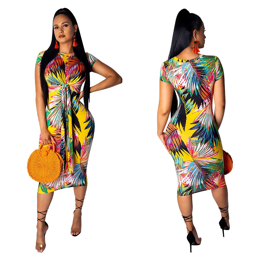 Floral Bodycon Dress for Women, O Neck Pullover Short Sleeve Casual Summer Dresses with Tie Bow Rainbow1 L