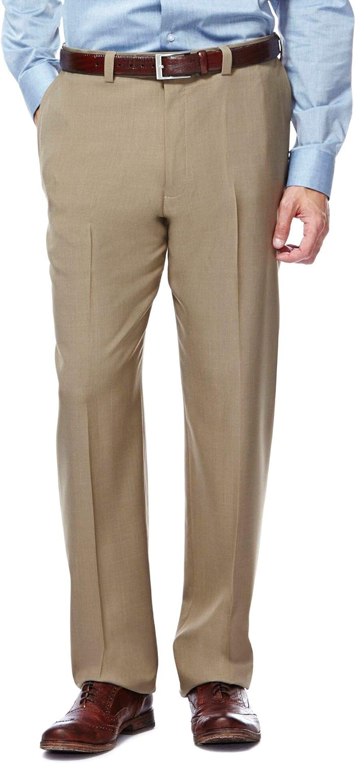 Haggar Men's eCLo Stria Expandable-Waist Plain-Front Dress Pant at  Men’s Clothing store: Mens Dress Pants Flat Front