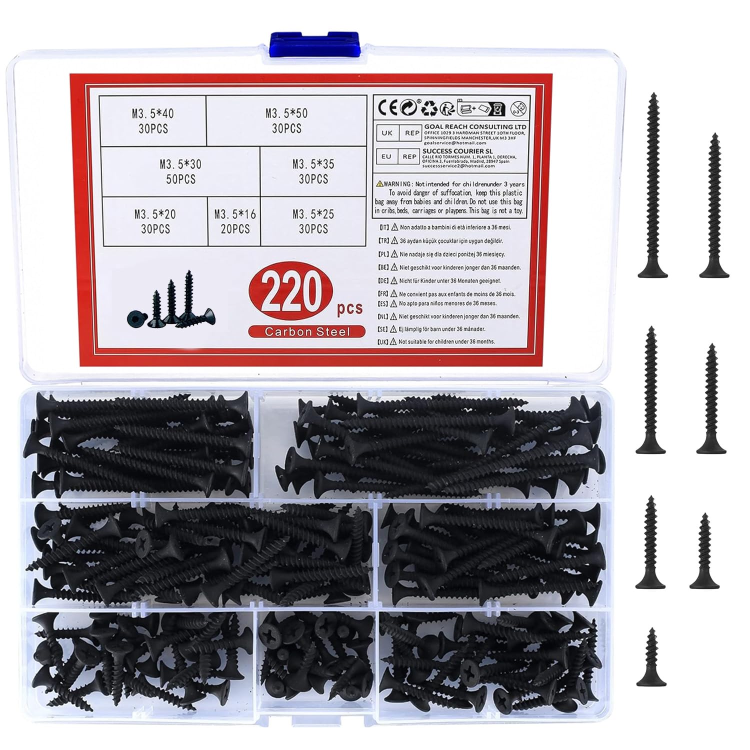 220 Pcs Self Tapping Wood Screws, M3.5 Black Flat Cross Head Self Drilling Drywall Machine Screws Assortment Kit for Drywall, Furniture, Wood Screw - 16mm/20mm/25mm/30mm/35mm/40mm/50mm