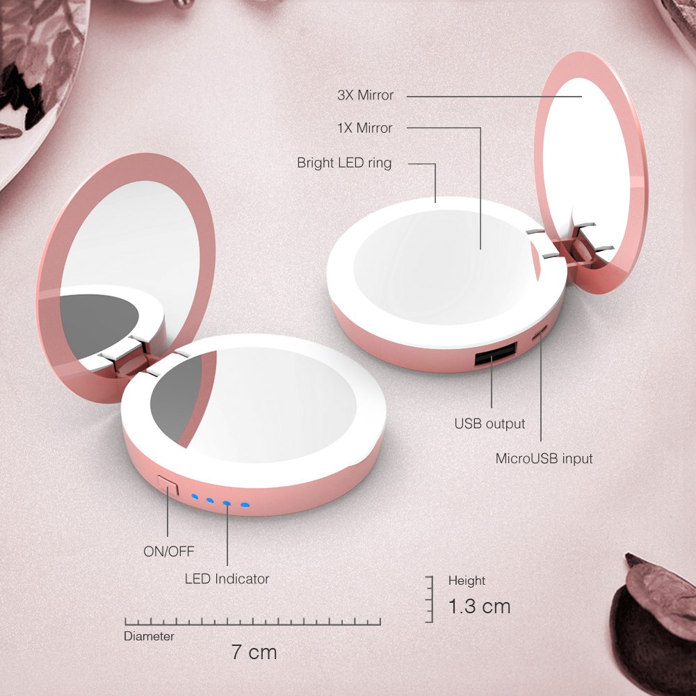 Batterie Externe Miroir Lumière LED - OrimeCharger PB76m Power Bank 1600mAh, Mini Miroir Maquillage Voyage, Cadeau pour femme/fille/maman/épouse/petite amie/soeur (Or rose)