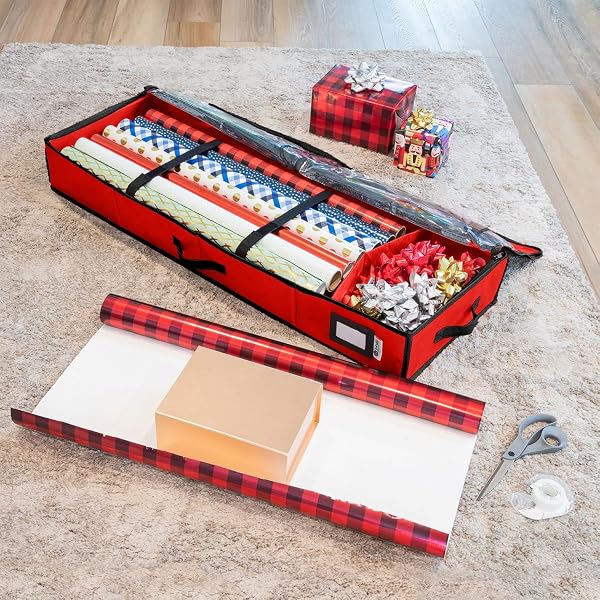 HOLDN’ STORAGE PREMIUM WRAPPING PAPER STORAGE CONTAINER – DURABLE 600D TEAR-PROOF, FITS 27 ROLLS GIFT WRAP, EXTRA POCKETS FOR RIBBONS & BOWS, UNDERBED STORAGE – IDEAL FOR HOLIDAY CHRISTMAS, RED