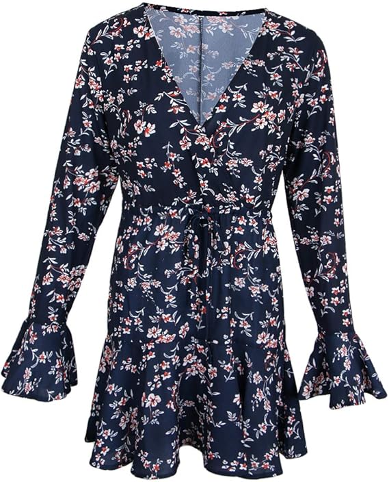 Amazon Co Jp Hellery レディース ワンピース 花柄 カジュアル フレア ミディアム ドレス 3 4袖 Vネック 全11種類 服 ファッション小物
