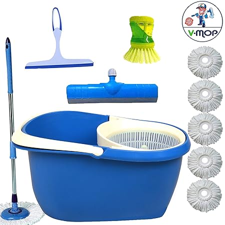 No. 1 V-Mop Unbreakable Bucket Magic Mop Made in India with 6 Heads Free Kitchen Wiper Free Liquied Brush Free Floor Wiper (Exact Blue Color) WE Clean Your Home and Office