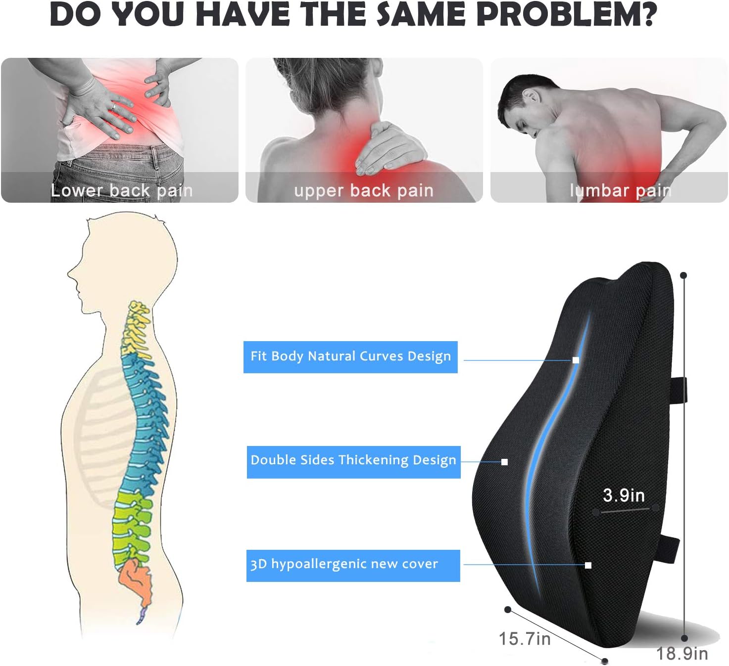 Lumbar Support Pillow for Office Chair,Memory Foam Back Cushion for Car Seat,Chair,Computer Desk Chairs,Large Ergonomic Back Pillow for Back Pain Relief,Dual Available Straps with 3D Cover Black: Home & Kitchen
