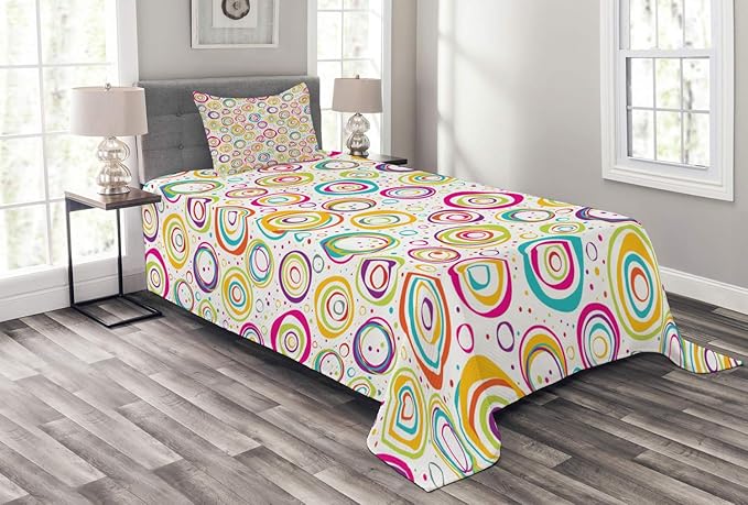 ABAKUHAUS Geometrisch Tagesdecke Set, Kinder-Spirale und Punkte, Set mit Kissenbezug Waschbar, für Einselbetten 170 x 220 cm,