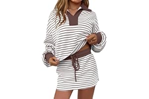 Fisoew Womens Striped 2 Piece Outfits Casual Sweatshirt Skirt Set Long Sleeve Skort Workout Set Matching Lounge Sets