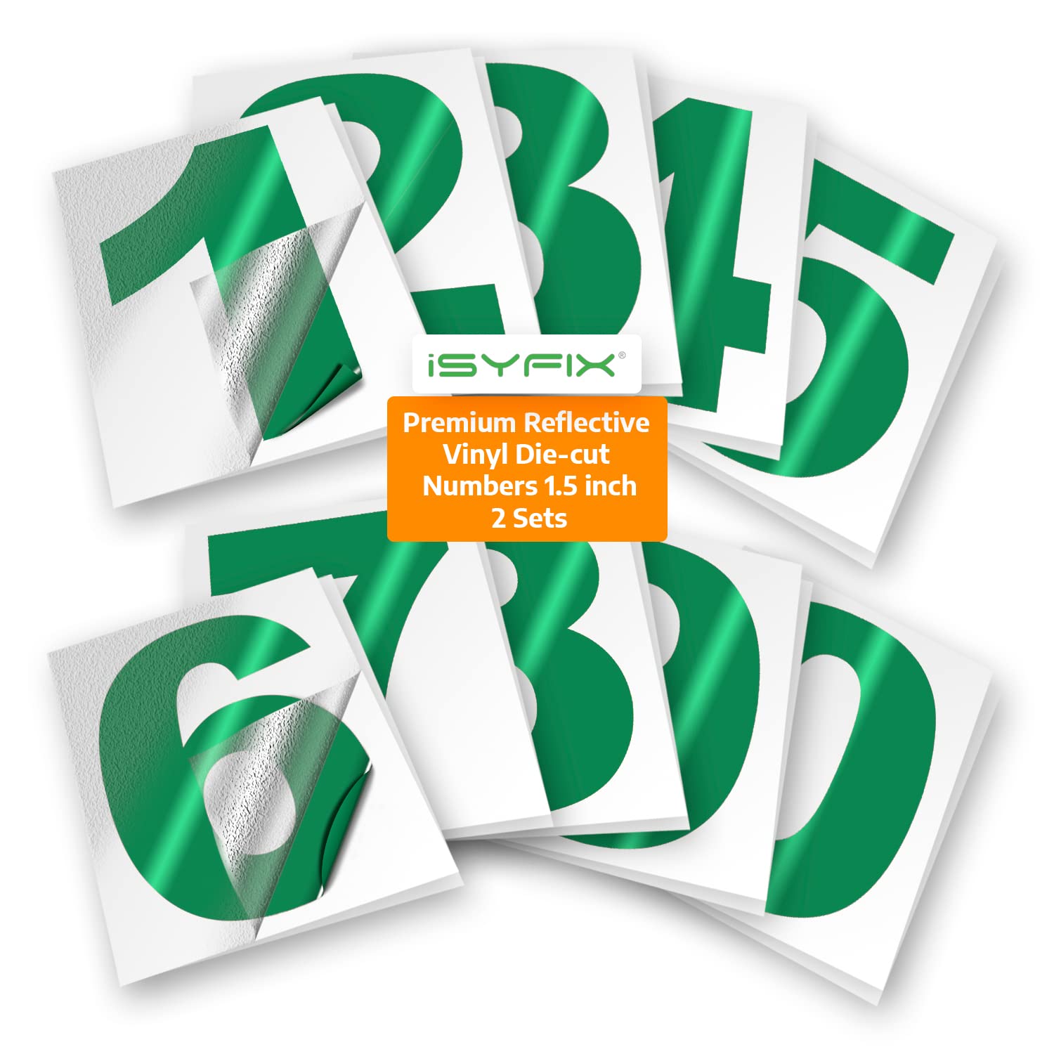 iSYFIX Reflective Green Vinyl Numbers Stickers - (2 Sets) 1.5 Inch - Premium Decal Die Cut and Pre-Spaced for Mailbox, Signs, Window, Door, Cars, Trucks, Home, Business, Address Number, Indoor/Outdoor