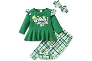 HINTINA Toddler Baby Girls ST Patrick's Day Outfit Ruffle Long Sleeve Tunic Dress Top Clover Pant Set with Headband